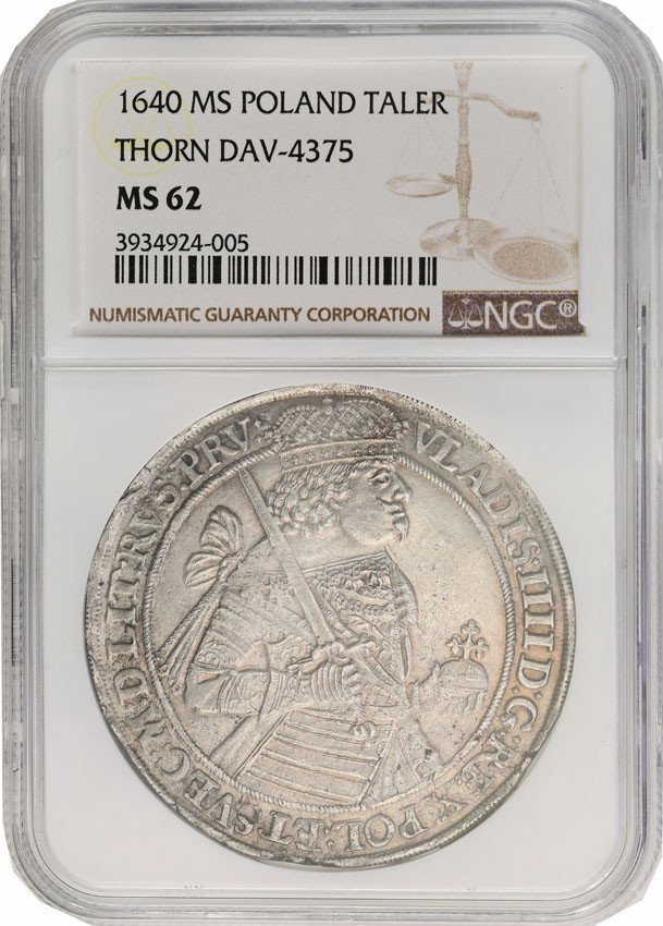 Władysław IV Waza. Talar 1640, Toruń NGC MS62 (MAX) Wyśmienity, jedyny MS